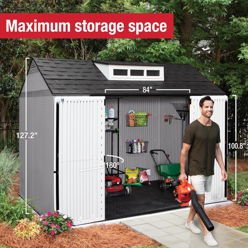 Rubbermaid Resin Outdoor Storage Shed With Floor (7 x 7 Ft) Weather Resistant Gray Organization for Home/Backyard/Garden Tools/Lawn Mower/Bike Storage/Pool Supplies wourant