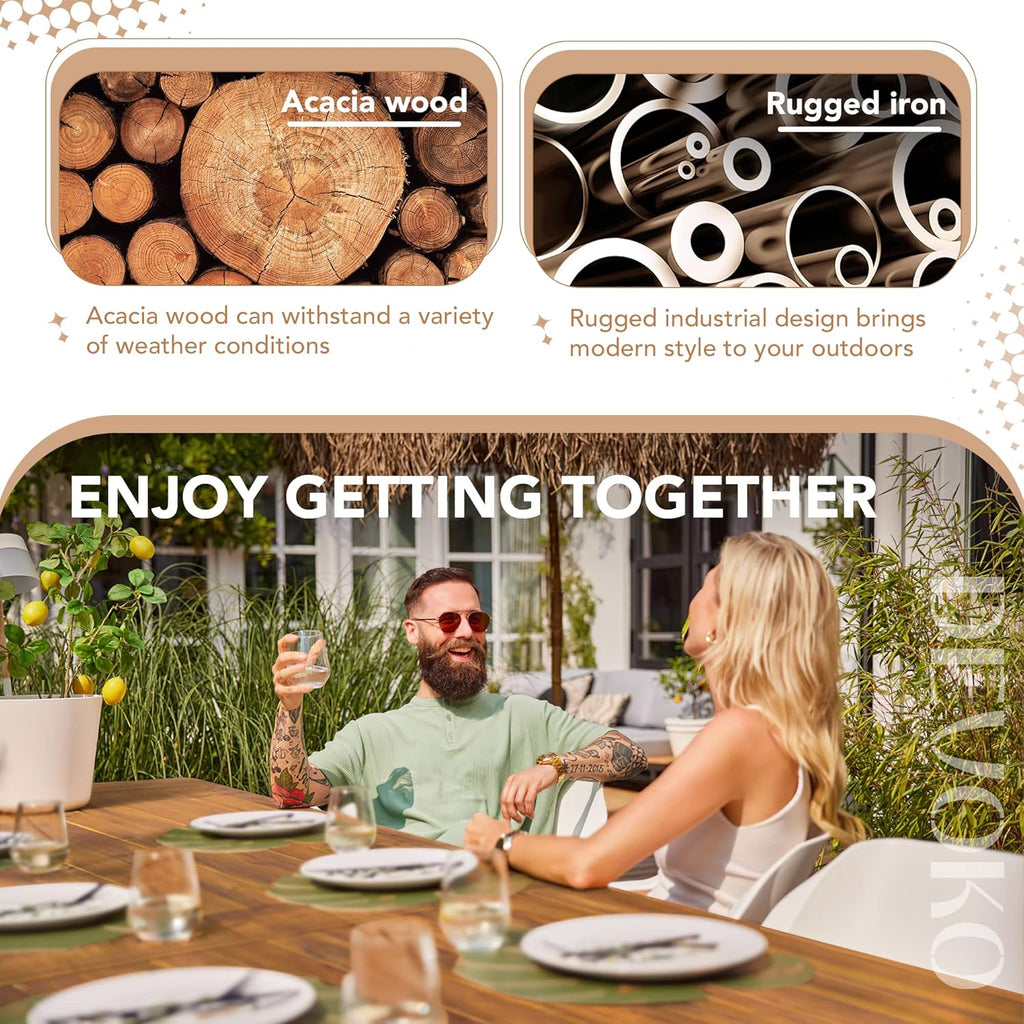 Devoko Home Acacia Wood Dining Table 6-Person Indoor Outdoor Table with Iron Legs, Sandblast Finish, Natural Stained, Rustic Metal, 69 * 33 * 30 inch (Natural) wourant