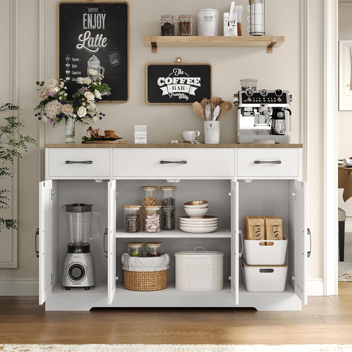 HOSTACK Buffet Cabinet with Drawers, 55" Large Sideboard Buffet Storage Cabinet with Shelves and Doors, Modern Farmhouse Coffee Bar Station Wood Kitchen Table for Kitchen, Dining Room, White/Rustic wourant