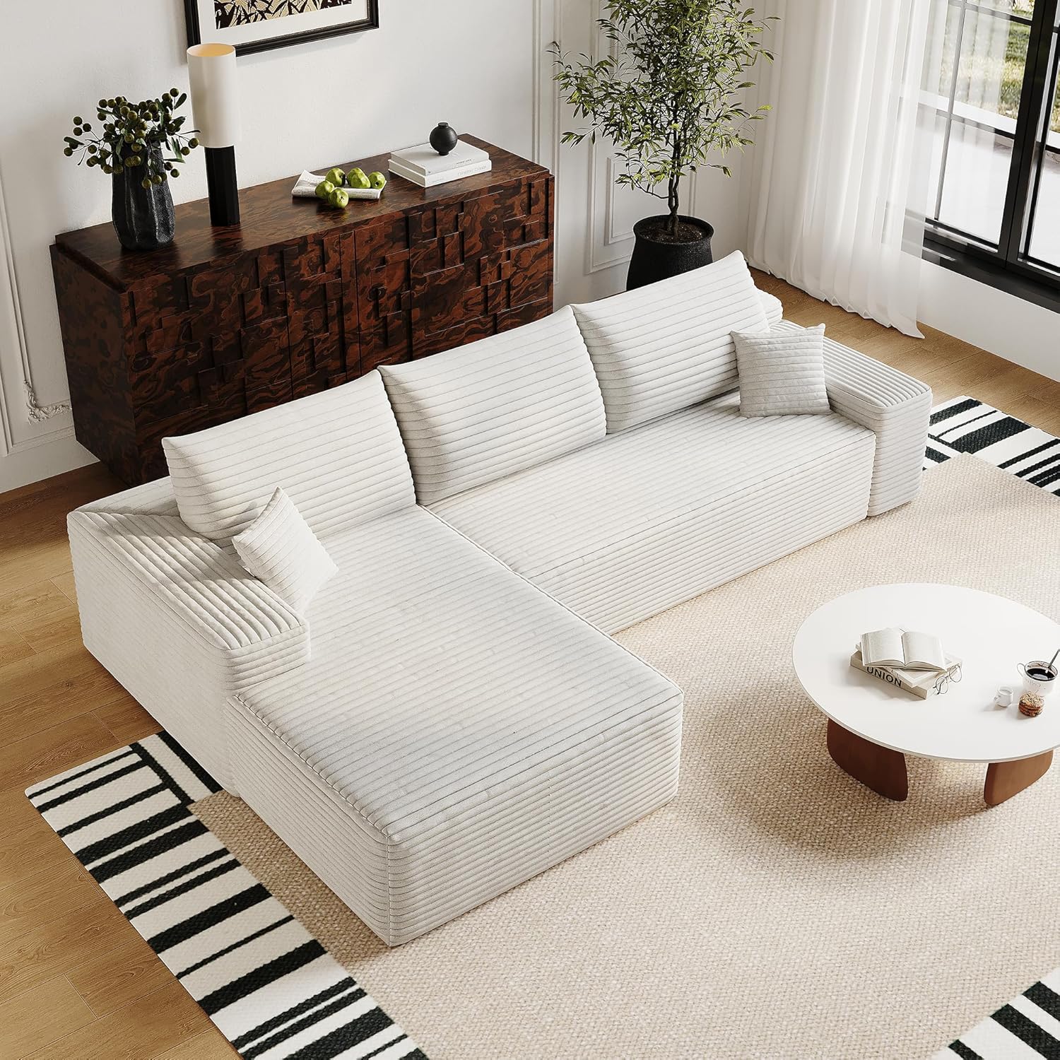 135" Oversized Compressed Sectional Sofa - 33D High-Density Foam Cloud Couch with Deep Seat - Minimalist 3-Piece Corduroy Upholstered Boneless Modular Lounge Couch | Breathable material, Full Foam, Anti-slip wourant