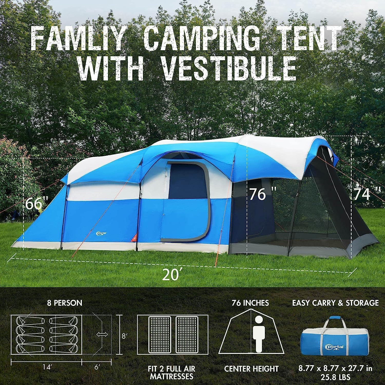 PORTAL 6/8/10 Person Family Camping Tent with Screen Room, Water Resistant Big Tunnel Tent with Rainfly, Large Family Tent for Outdoor Camping, Party wourant