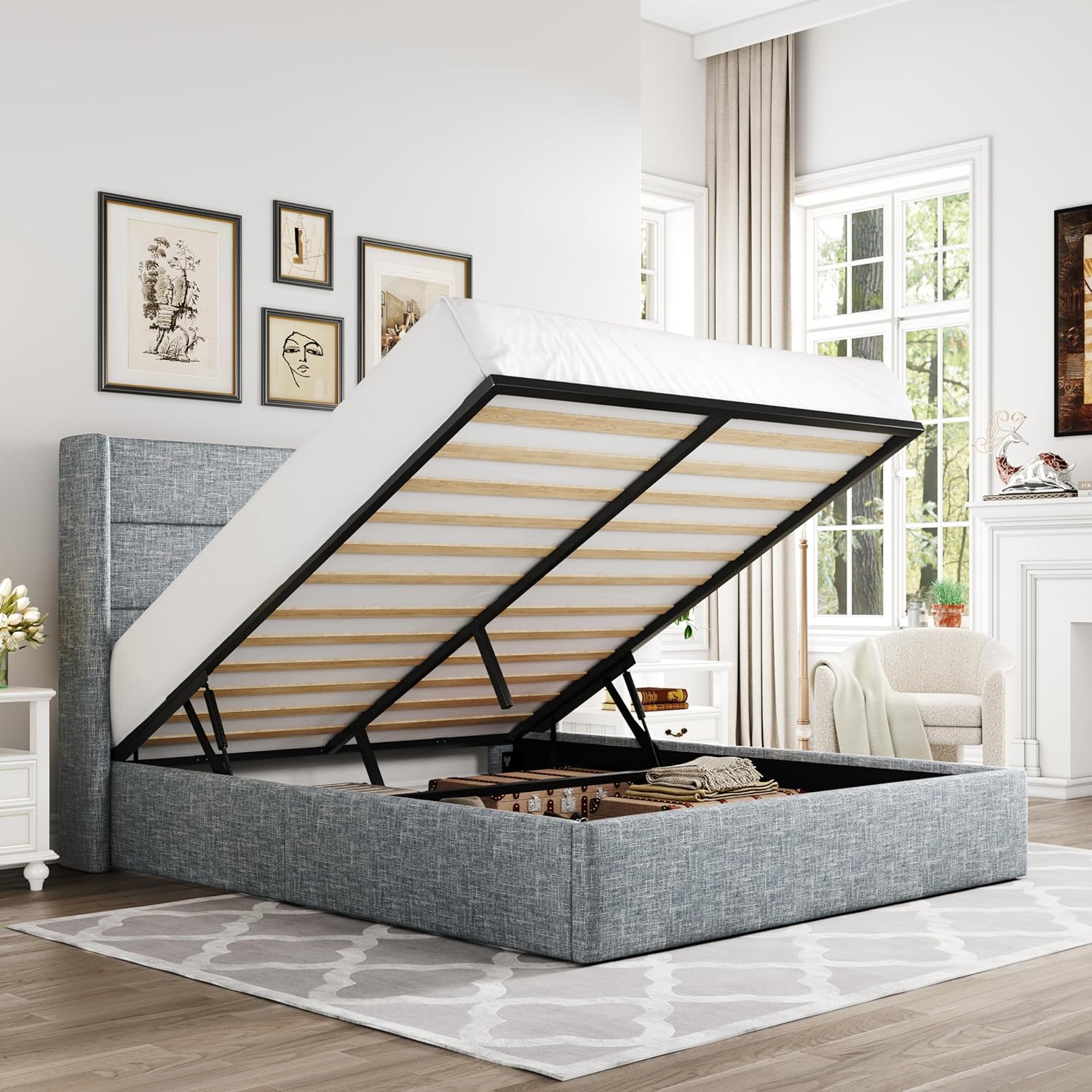Allewie Queen Size Lift Up Storage Bed Modern Wingback Headboard Hydraulic Support wourant