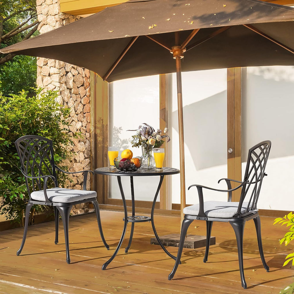 NUU GARDEN Bistro Set 3 Piece Outdoor Cast Aluminum Patio Bistro Set Patio Table and Chairs Set of 2 with Umbrella Hole and Gray Cushions, Black wourant