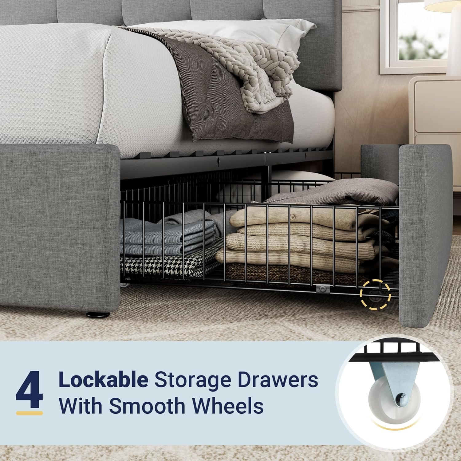 Allewie Upholstered Queen Size Platform Bed Frame with 4 Storage Drawers and Headboard wourant