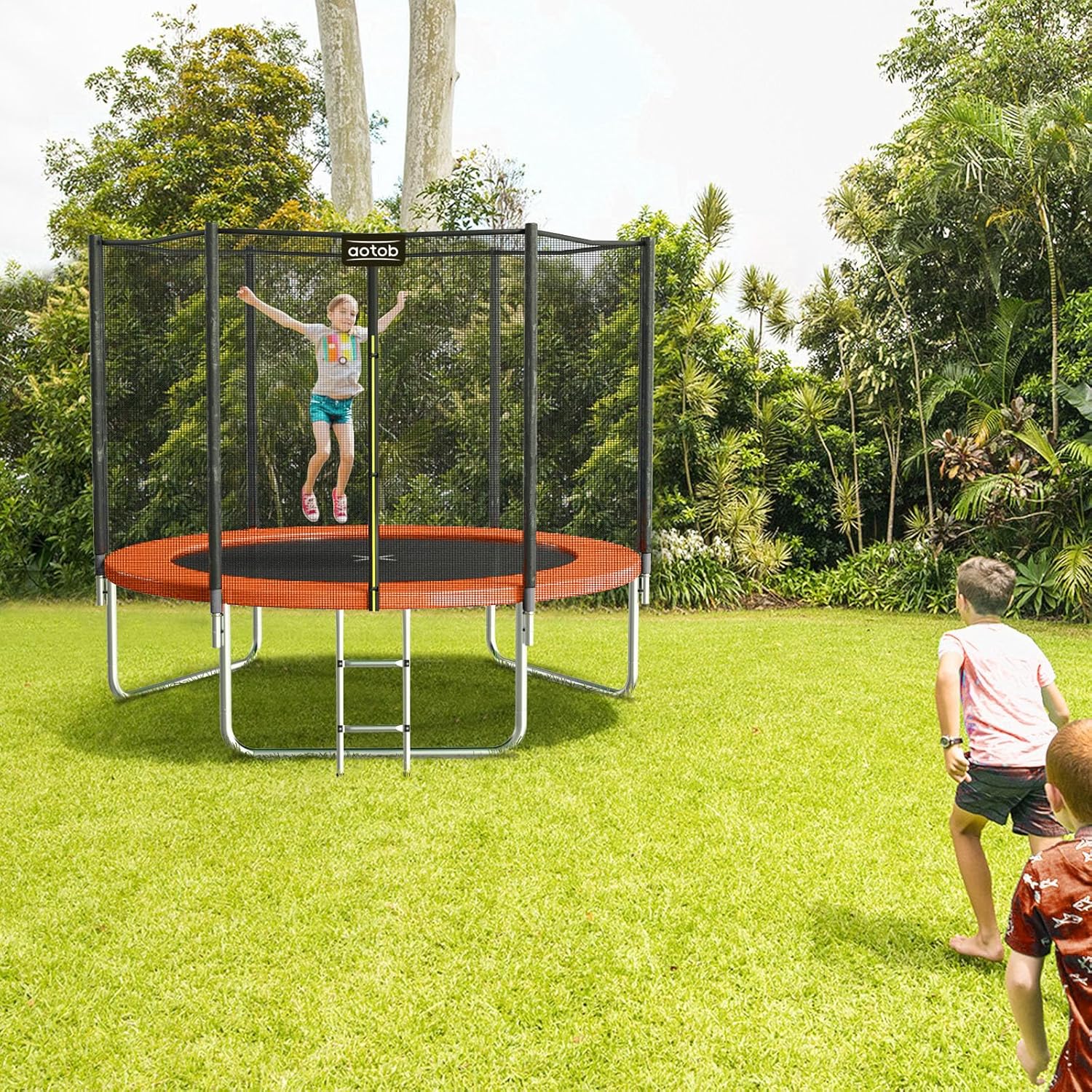 AOTOB 8FT 10FT 12FT 14 FT 15FT Trampoline with Safety Enclosure Net，Outdoor Trampoline with Basketball Hoop, Heavy Duty Jumping Mat and Spring Cover Padding for Kids and Adults, Storage Bag and Ladder wourant
