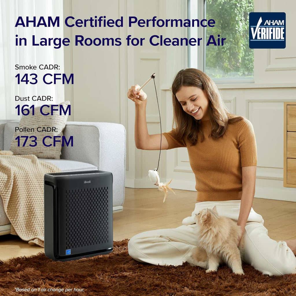 Large-room air purifier for home use with air quality monitor, washable pre-filter, and pet-friendly wourant