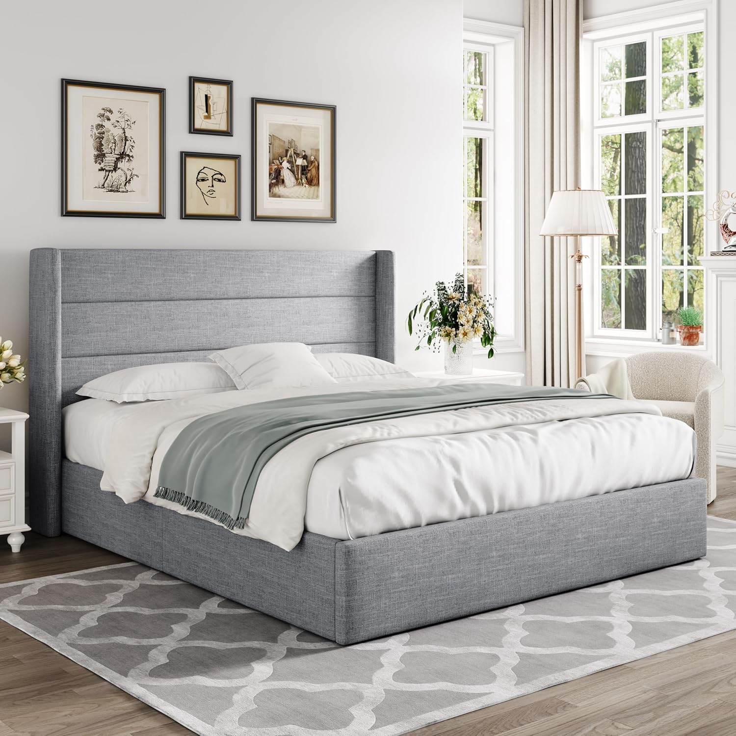 Allewie Queen Size Lift Up Storage Bed Modern Wingback Headboard Hydraulic Support wourant