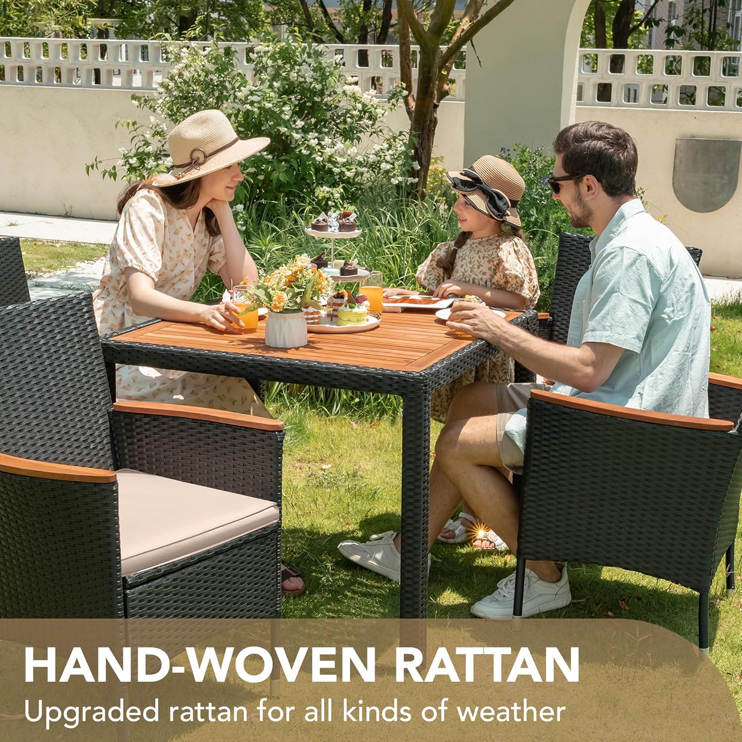 Devoko Dining 7 PCS Furniture, Patio Conversation Set with Acacia Wood Table Top, Rattan Outdoor, Black wourant