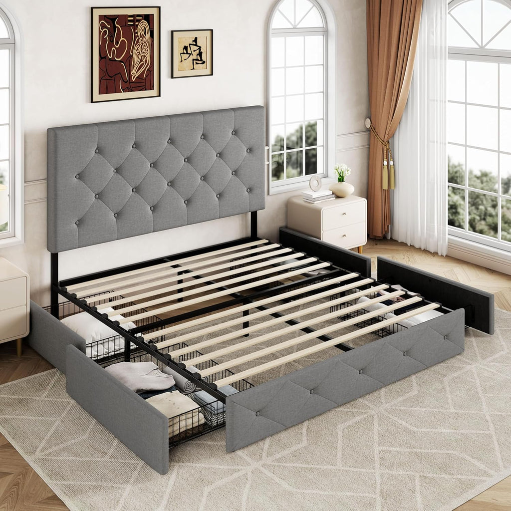 Allewie Upholstered Queen Size Platform Bed Frame with 4 Storage Drawers and Headboard wourant