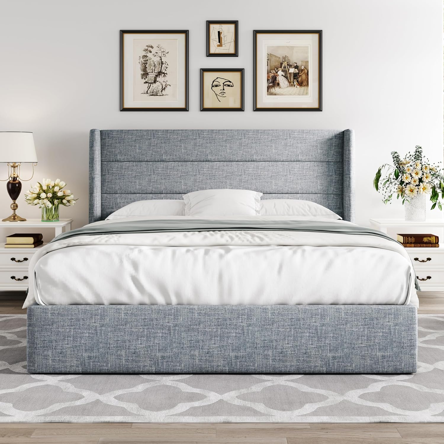 Allewie Queen Size Lift Up Storage Bed Modern Wingback Headboard Hydraulic Support wourant