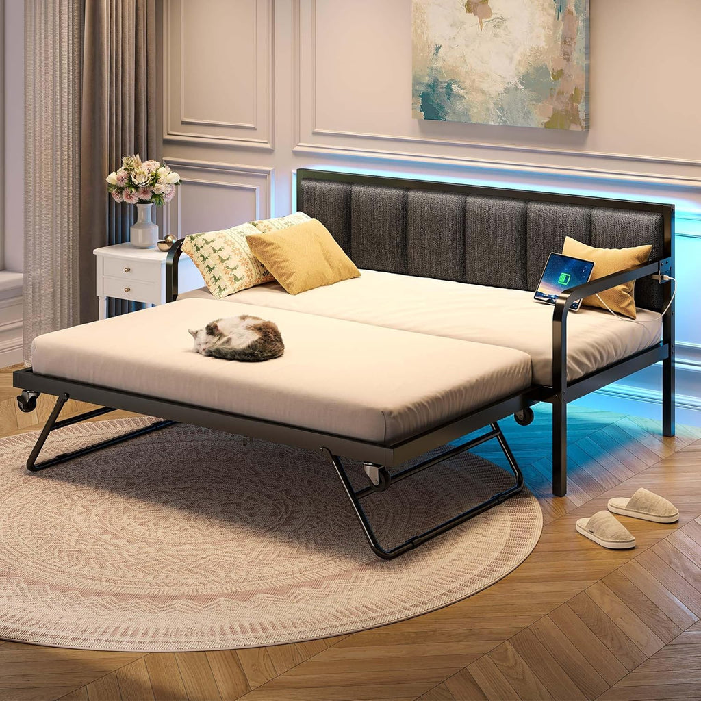Rolanstar Daybed with Charging Station and LED Lights, Height Adjustable Twin Daybed with Trundle, Metal Sofa Bed Frame with Steel Slat Support wourant