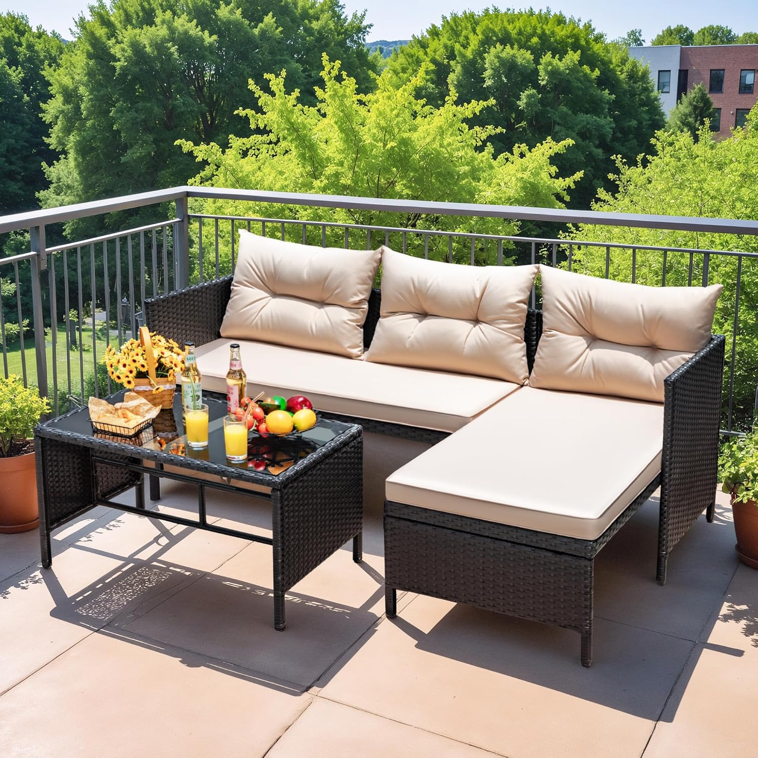Devoko Outdoor Patio Furniture 3-Piece Rattan Waterproof Outdoor Sectional Sofa All-Weather L Shaped Patio Couch with Cushion Glass Table for Balcony, Garden (Beige) woonhhop