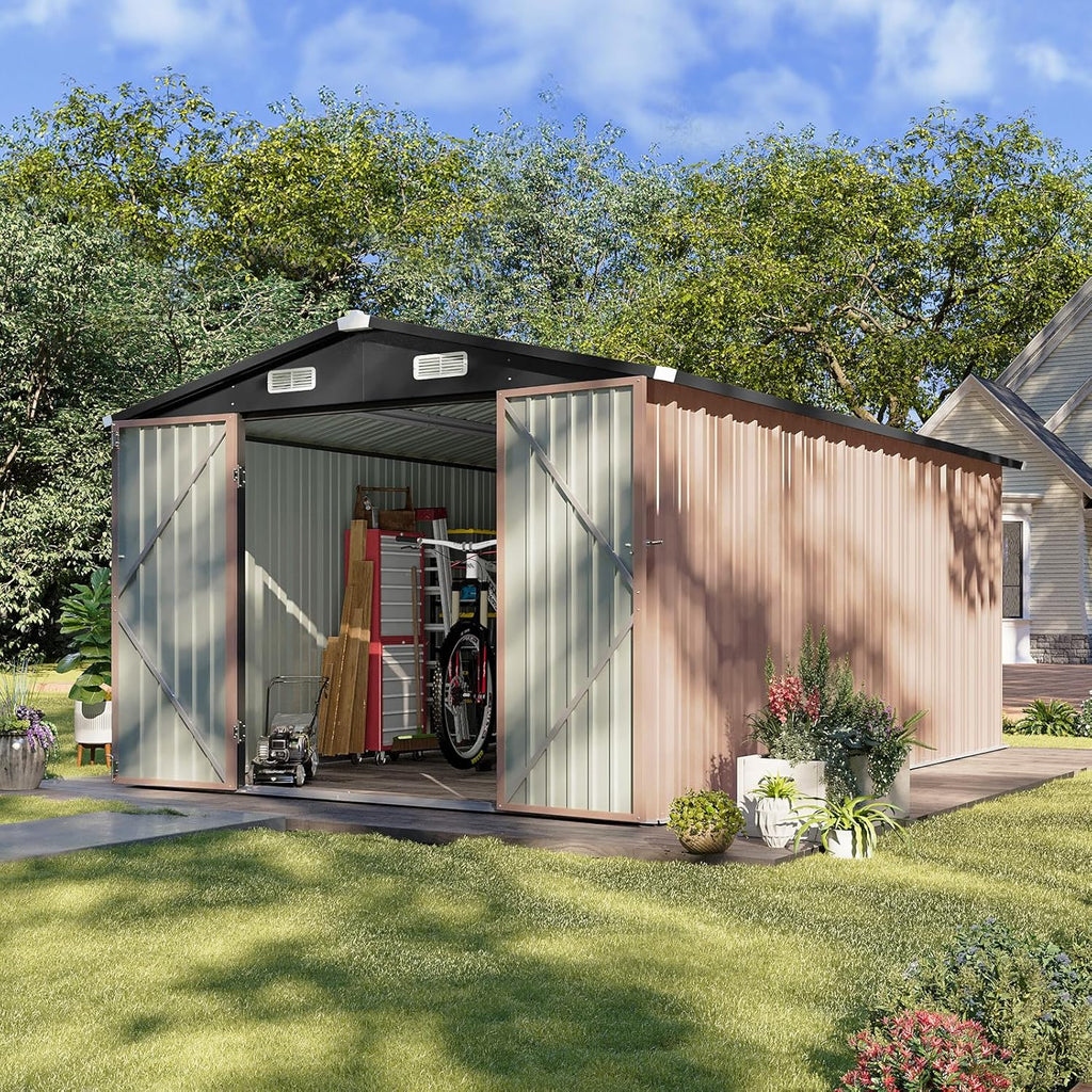 Aoxun 12x10 FT Shed Metal Outdoor Waterproof Storage Shed Steel Utility Garden Tool Shed with Door & Lock Outdoor Storage for Garden Patio Lawn Poolside, Brown wourant