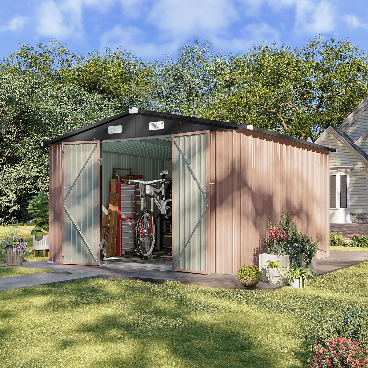 Aoxun 12x10 FT Shed Metal Outdoor Waterproof Storage Shed Steel Utility Garden Tool Shed with Door & Lock Outdoor Storage for Garden Patio Lawn Poolside, Brown wourant