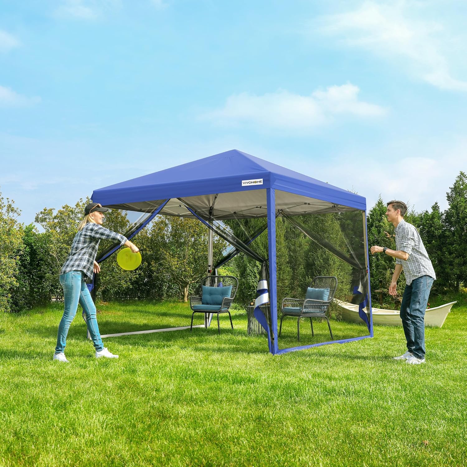 10x10ft Easy Pop-Up Canopy, Outdoor Screen Tent with Mosquito Netting, 2 Zipper Doors, and Roller Bag for Yard Camping Picnic Party Events, Beige wourant