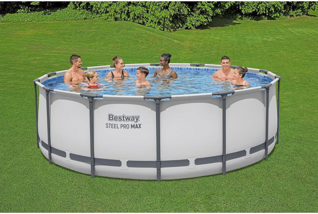 Steel Pro MAX 14 Foot x 48 Inch Round Metal Frame Above Ground Outdoor Swimming Pool Set with 1,000 Filter Pump, Ladder, and Cover, Gray wourant