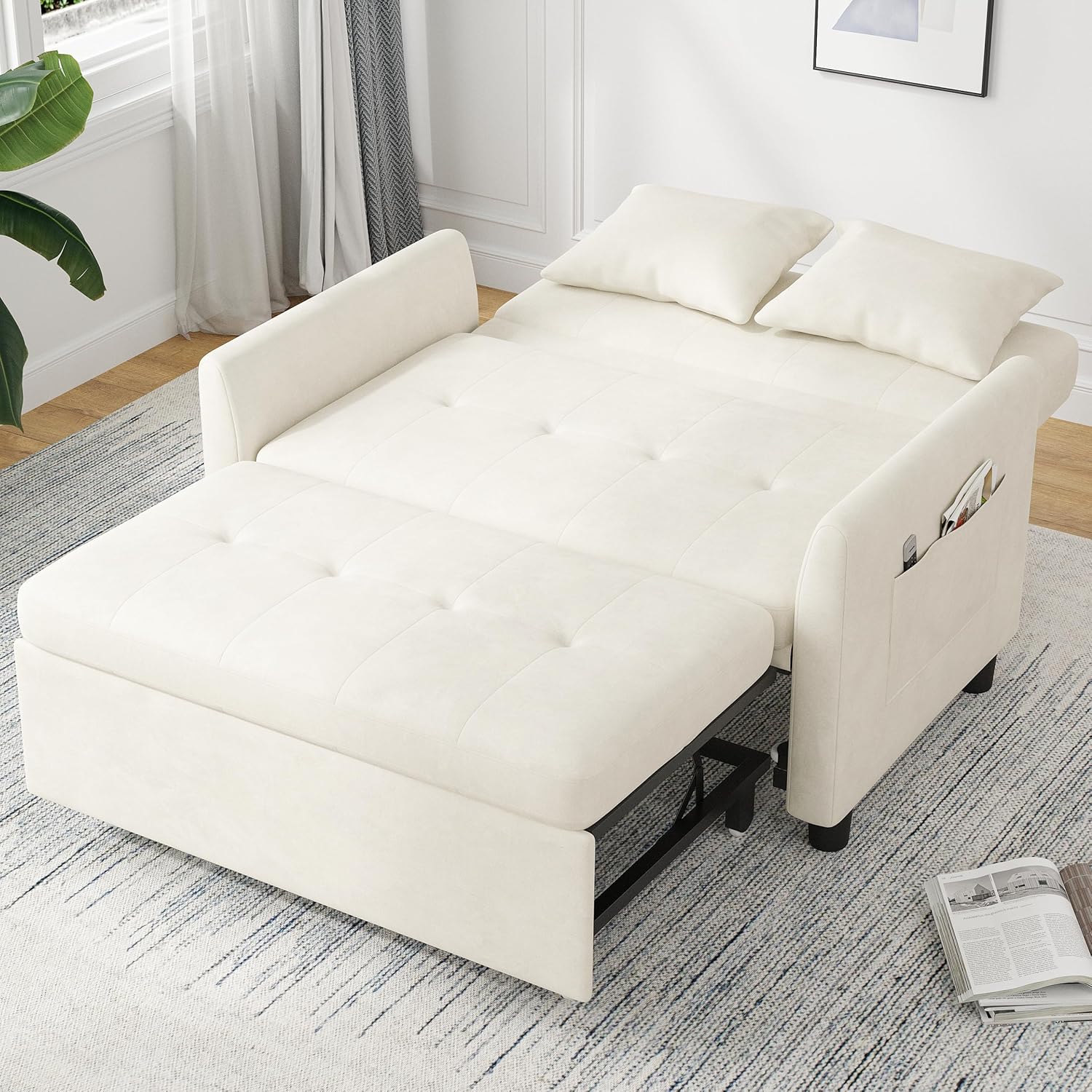 Sleeper Sofa Bed, 3 in 1 Convertible Sleeper Couch Bed Pull Out, Small Loveseat Sofa, Futon Sofa Bed Full Size, 46" Velvet Love Seat wourant