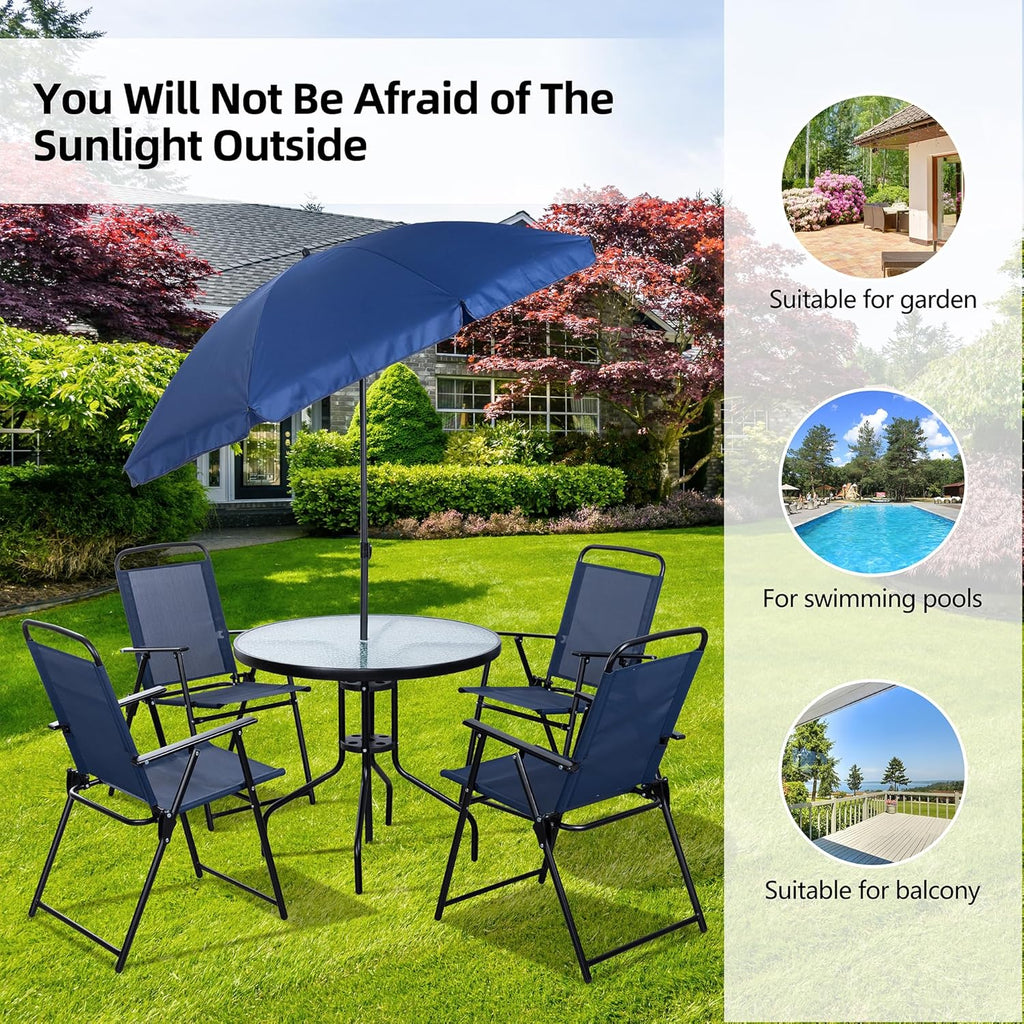Vongrasig 6 Piece Folding Patio Dining Set,Small Metal Outdoor Garden Patio Table and Chair Set w/Umbrella for Lawn,Deck,Backyard,Black wourant