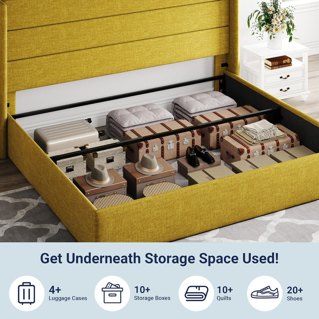 Allewie Queen Size Lift Up Storage Bed Modern Wingback Headboard Hydraulic Support wourant