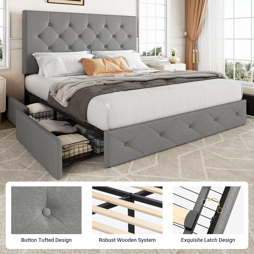 Allewie Upholstered Queen Size Platform Bed Frame with 4 Storage Drawers and Headboard wourant