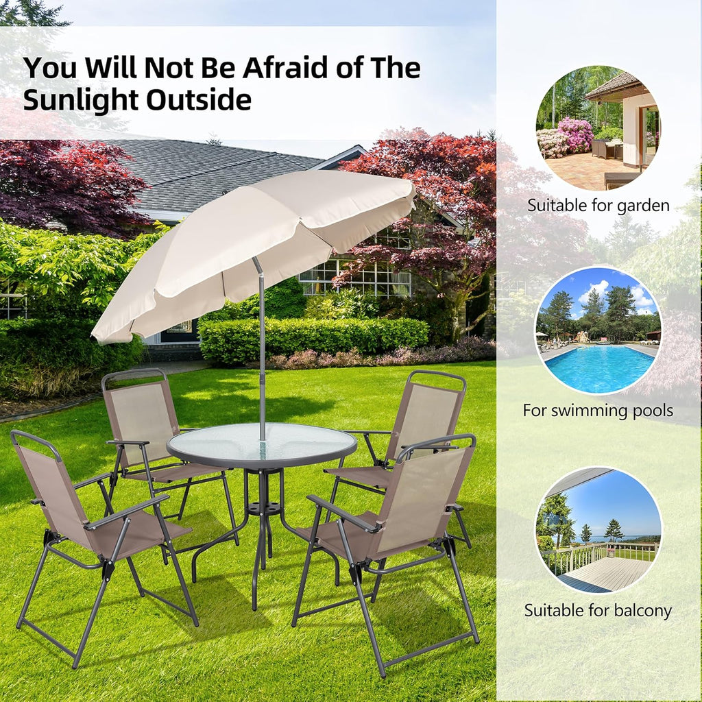 Vongrasig 6 Piece Folding Patio Dining Set,Small Metal Outdoor Garden Patio Table and Chair Set w/Umbrella for Lawn,Deck,Backyard,Black wourant