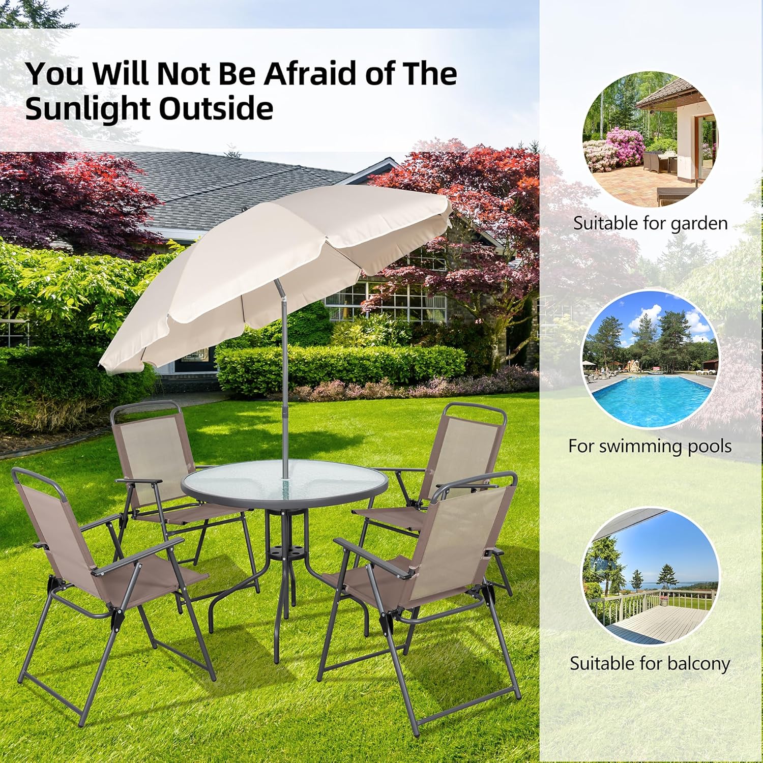 Vongrasig 6 Piece Folding Patio Dining Set,Small Metal Outdoor Garden Patio Table and Chair Set w/Umbrella for Lawn,Deck,Backyard,Black wourant