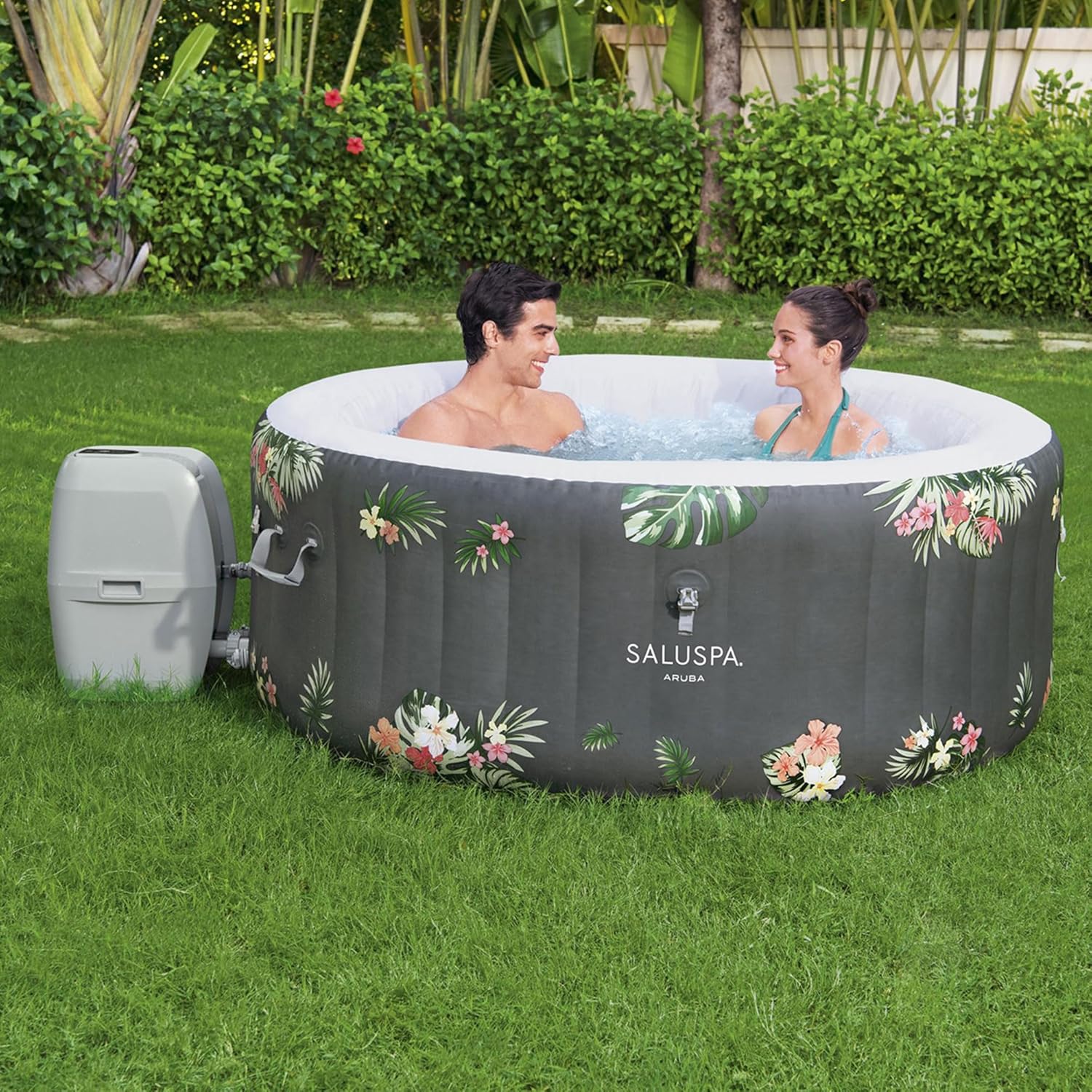SaluSpa Aruba AirJet Large Round 2 to 3 Person Inflatable Hot Tub Portable Outdoor Spa with 110 AirJets and EnergySense Cover, Grey wourant