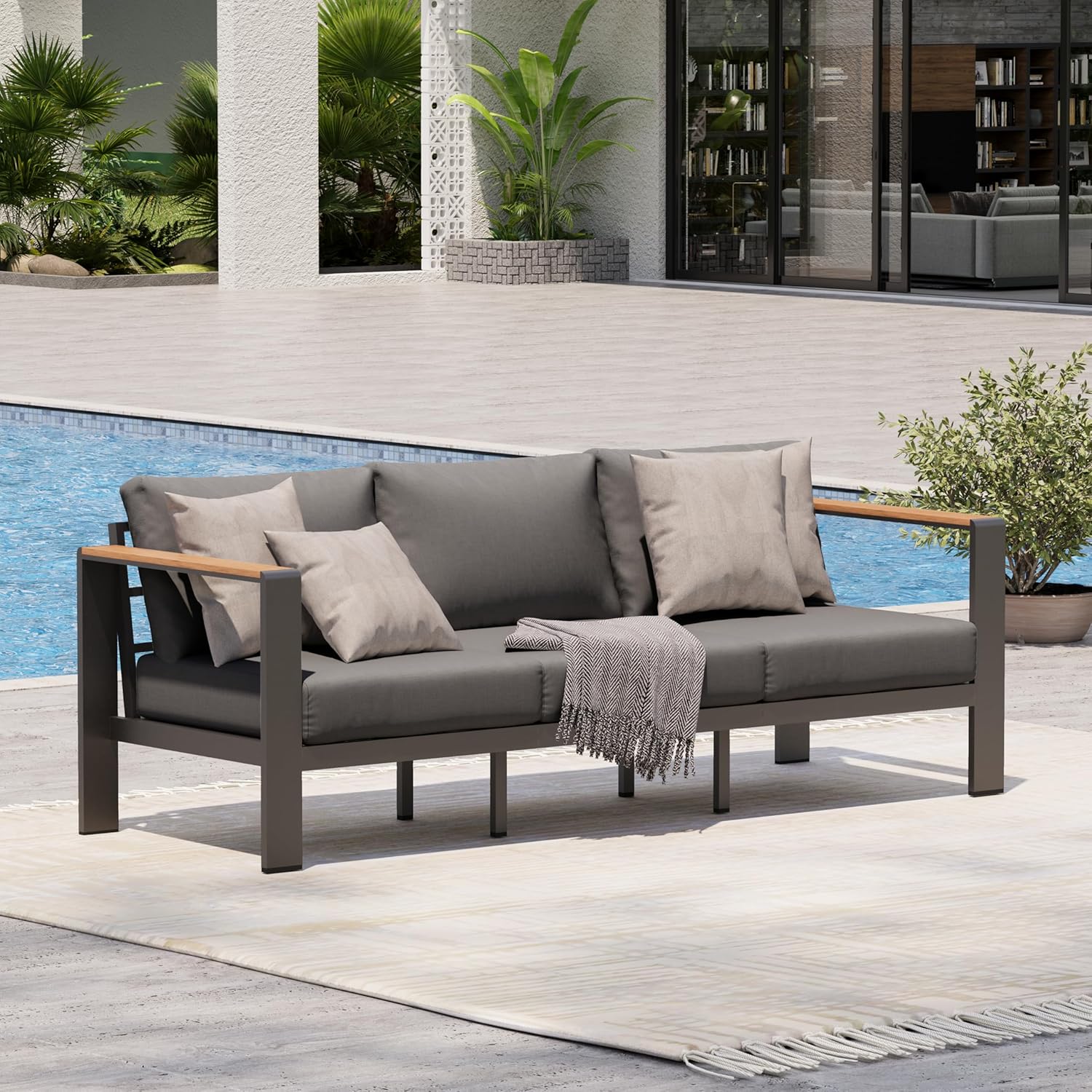 Aluminum Outdoor Patio Furniture Set with Coffee Table, 4 Piece Patio Conversation Sets with Washable Thick Cushions, Outdoor Sectional Furniture Set for Poolside, Balcony, Deck, Gray woonhhop