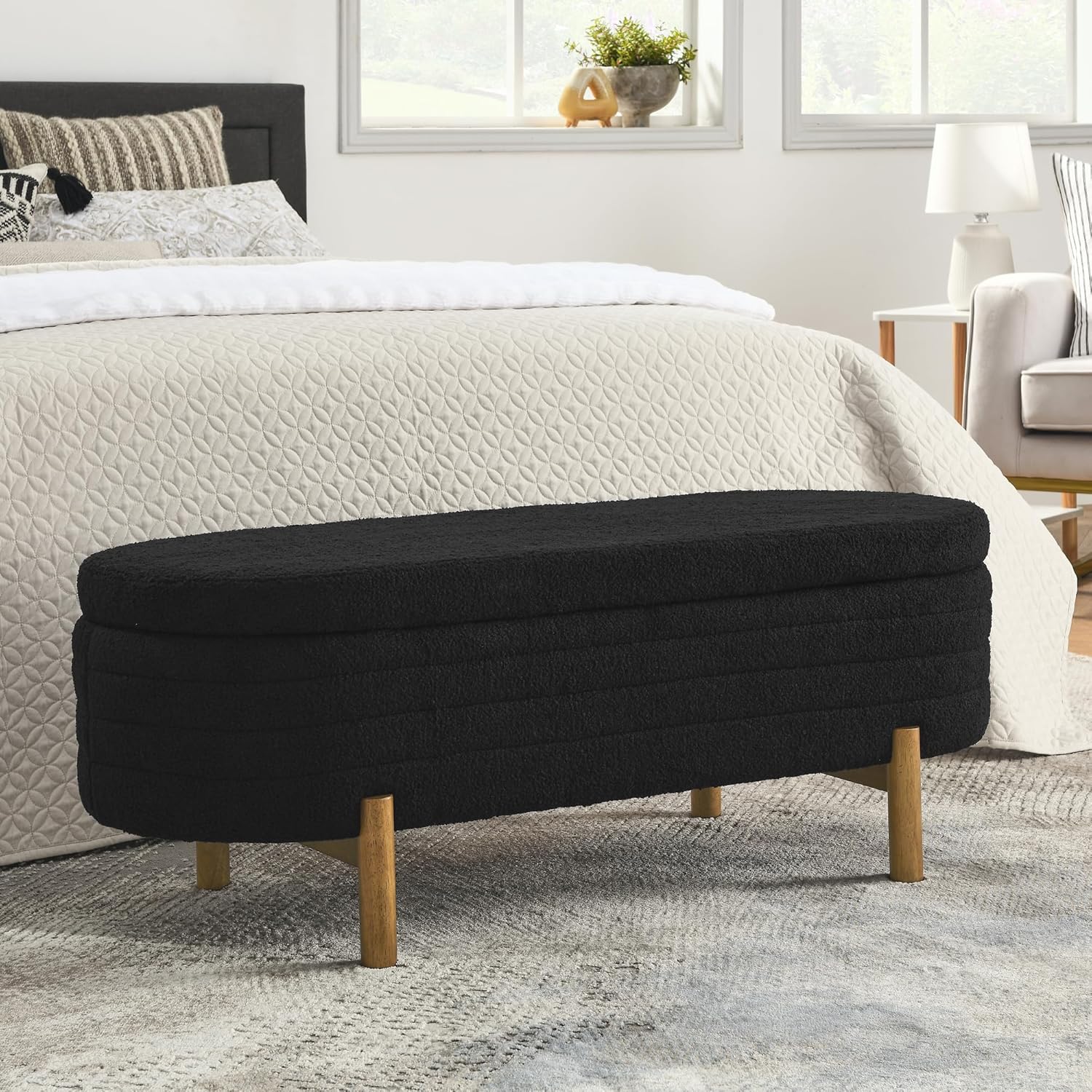 Furniliving Modern Storage Ottoman Bench, Sherpa Ottoman End of Bed Bench with Solid Wood Legs Upholstered Ottoman Benches with Storage Indoor Bench wourant