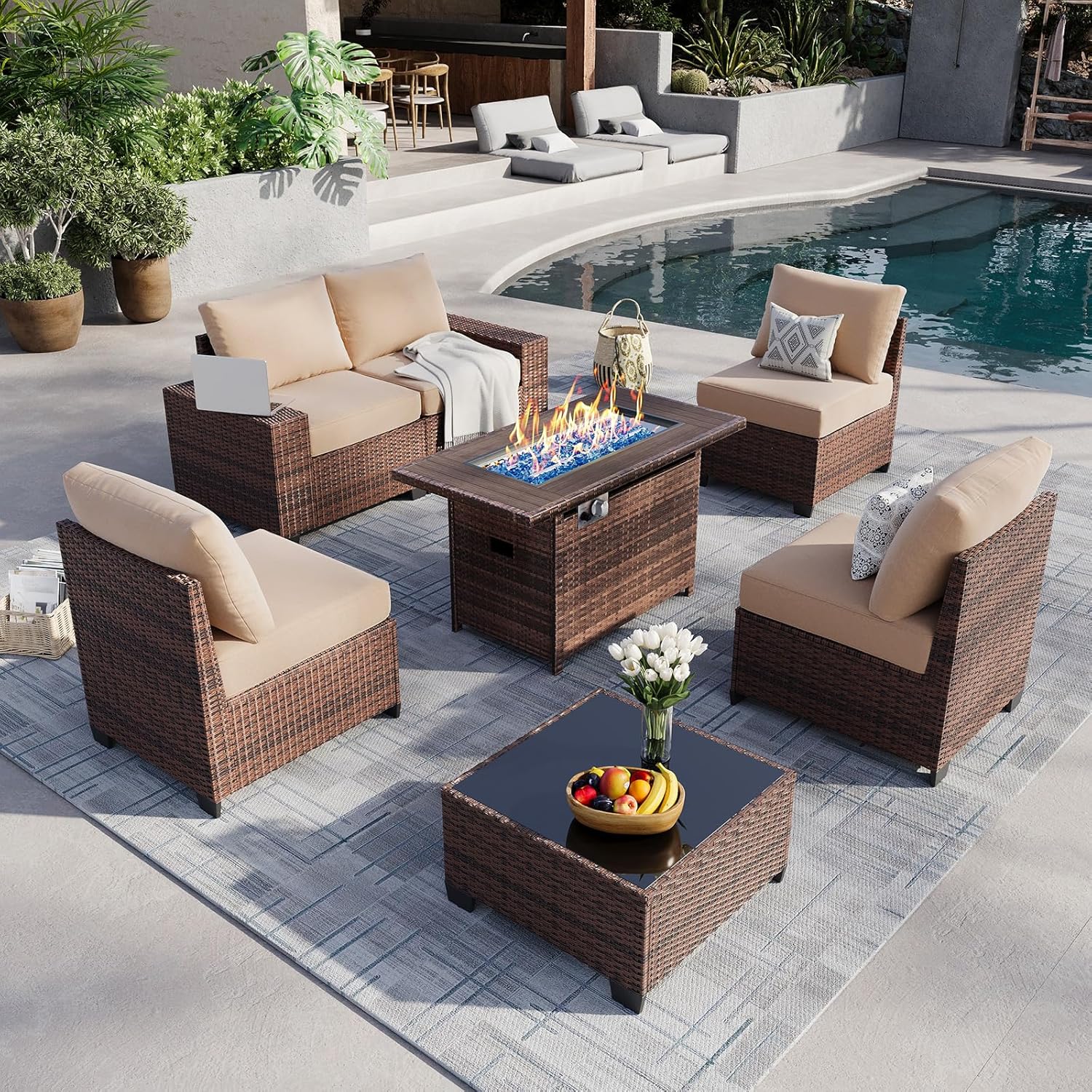 Aoxun 8 Piece Patio Furniture Set with 44?Fire Pit Table Wicker Rattan Outdoor Sectional Sofa Set with Coffee Table and Thickened Cushions, Beige (Waterproof Cover Included) woonhhop