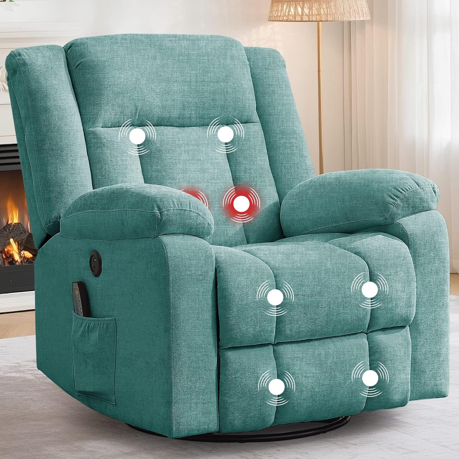 Rocker Recliner, Glider Recliner Chairs for Adults, 360° Swivel Rocking Chair with Massage and Heating, Nursery Chair with Storage and USB Charging for Living Room, Bedroom, Nursery wourant