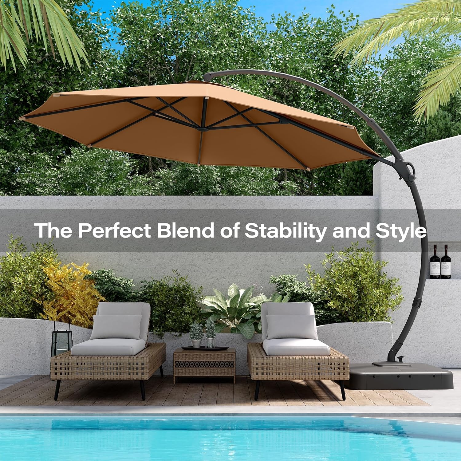 LAUSAINT HOME Outdoor Patio Umbrella with Base included, 11 FT Deluxe Curvy Cantilever Umbrella Heavy Duty Offset Hanging Umbrella with 360° Rotation for Market, Pool, Garden, Backyard, Deck (Beige) wourant