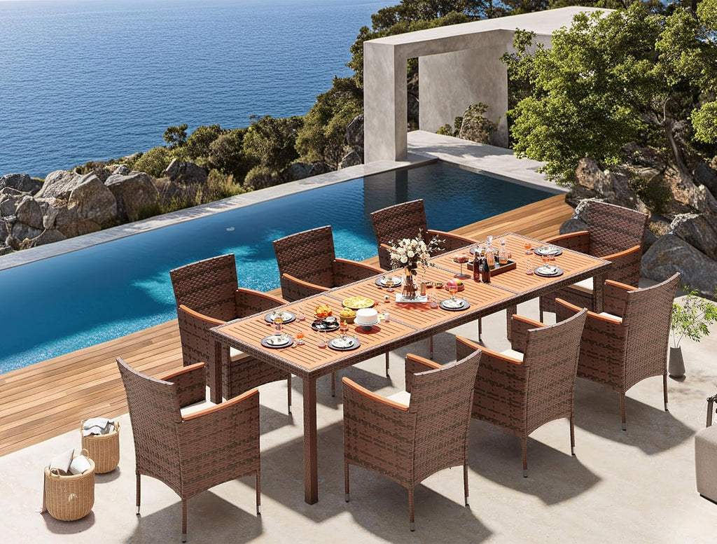 Devoko Dining 7 PCS Furniture, Patio Conversation Set with Acacia Wood Table Top, Rattan Outdoor, Black wourant