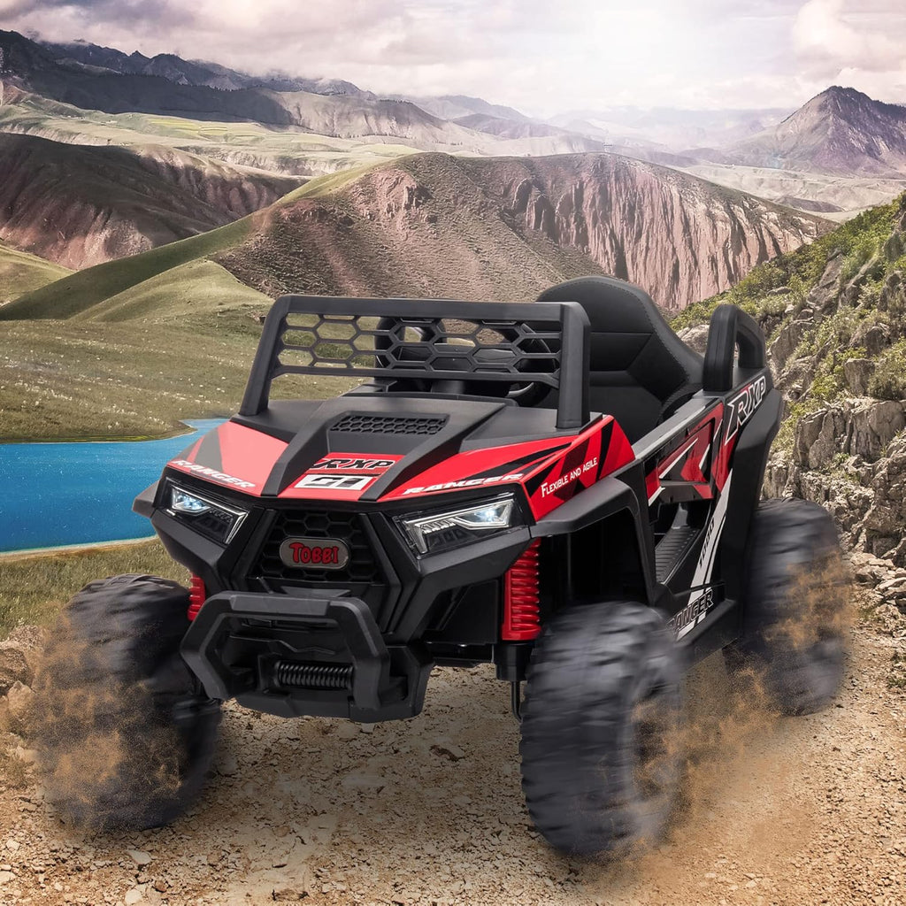 TOBBI 12V Kids Ride on Car, Electric Off-Road UTV Truck with Diverse Functions, Double Open Doors, Safety Belt, Horn, Music, and Lights for Kids Aged 3-5 Years (Rose Red) wourant