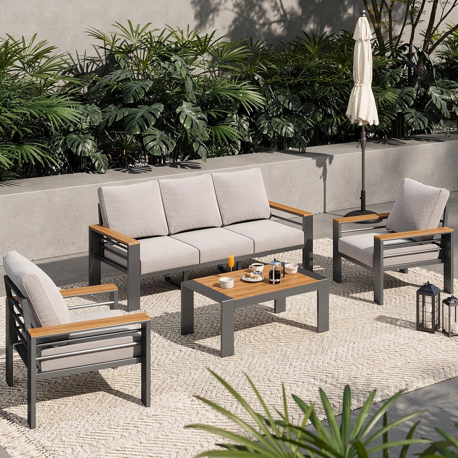 Aoxun Aluminum Outdoor Patio Furniture Set, 5 Seats Outdoor Sectional with Coffee Table, Patio Conversation Sets with Upgraded Armrests and Cushions for Backyard, Garden and Poolside woonhhop