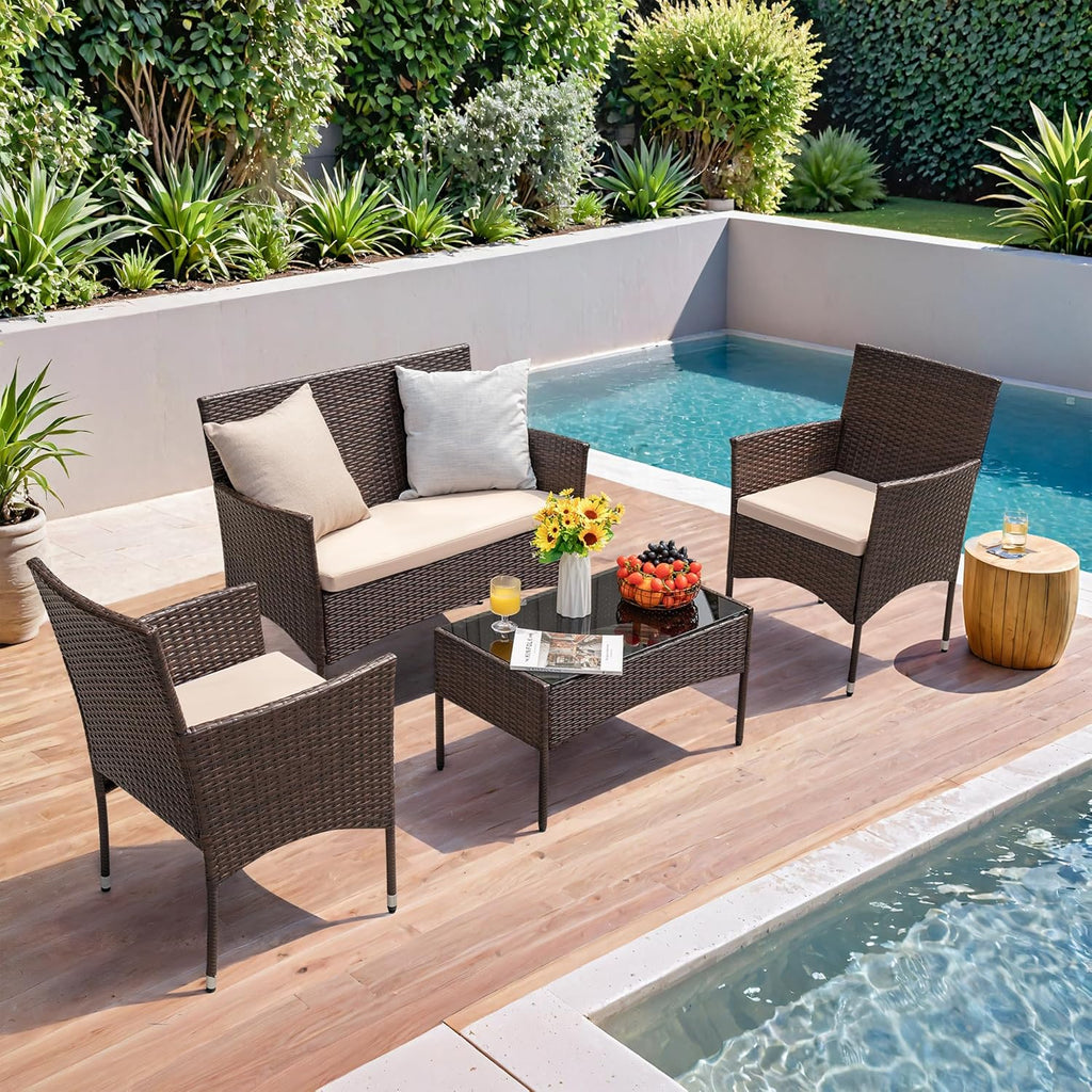 Homall 4 Pieces Outdoor Patio Furniture Sets Rattan Chair Wicker Set, Outdoor Indoor Use Backyard Porch Garden Poolside Balcony Furniture Sets Clearance (Brown and Beige) wourant
