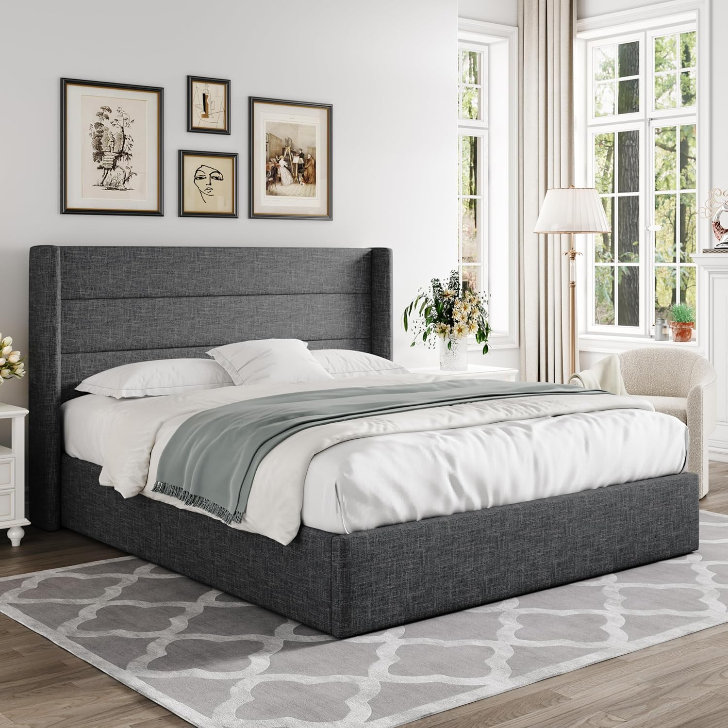 Allewie Queen Size Lift Up Storage Bed Modern Wingback Headboard Hydraulic Support wourant