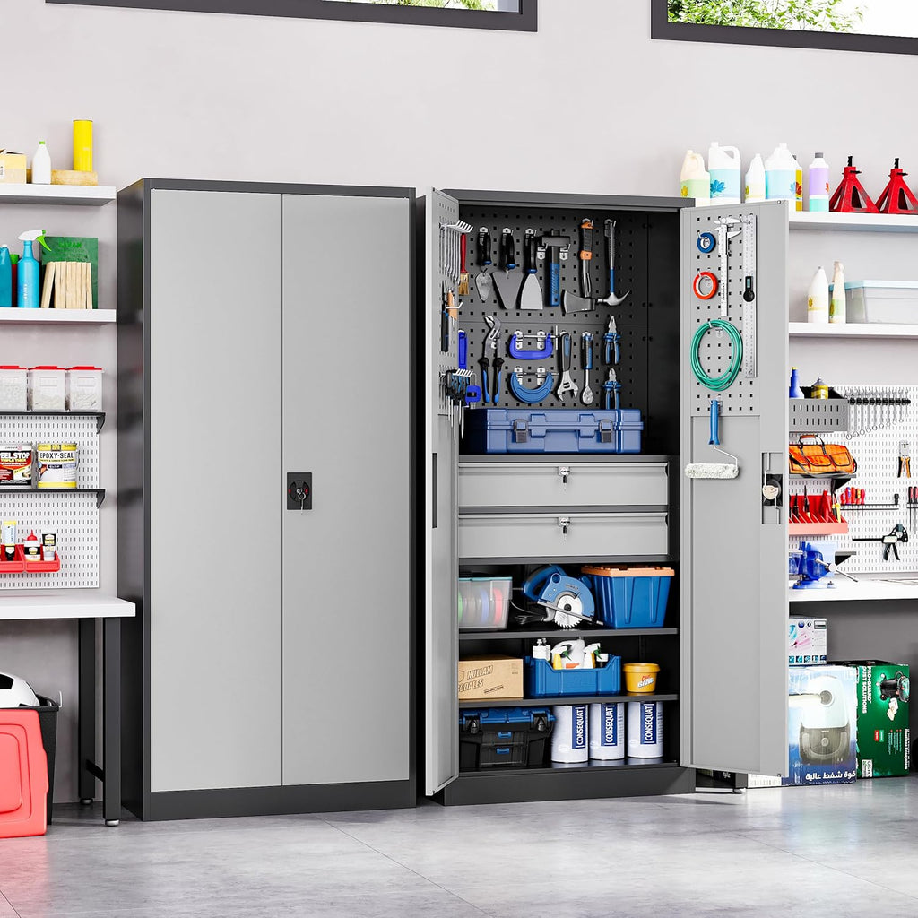 Yizosh Metal Garage Storage Cabinet with Locking Doors and 2 Drawers, Heavy Duty Steel Tool Cabinet with Pegboard, 71" - Lockable Cabinets for Garage, Warehouse, Basement (Black) wourant