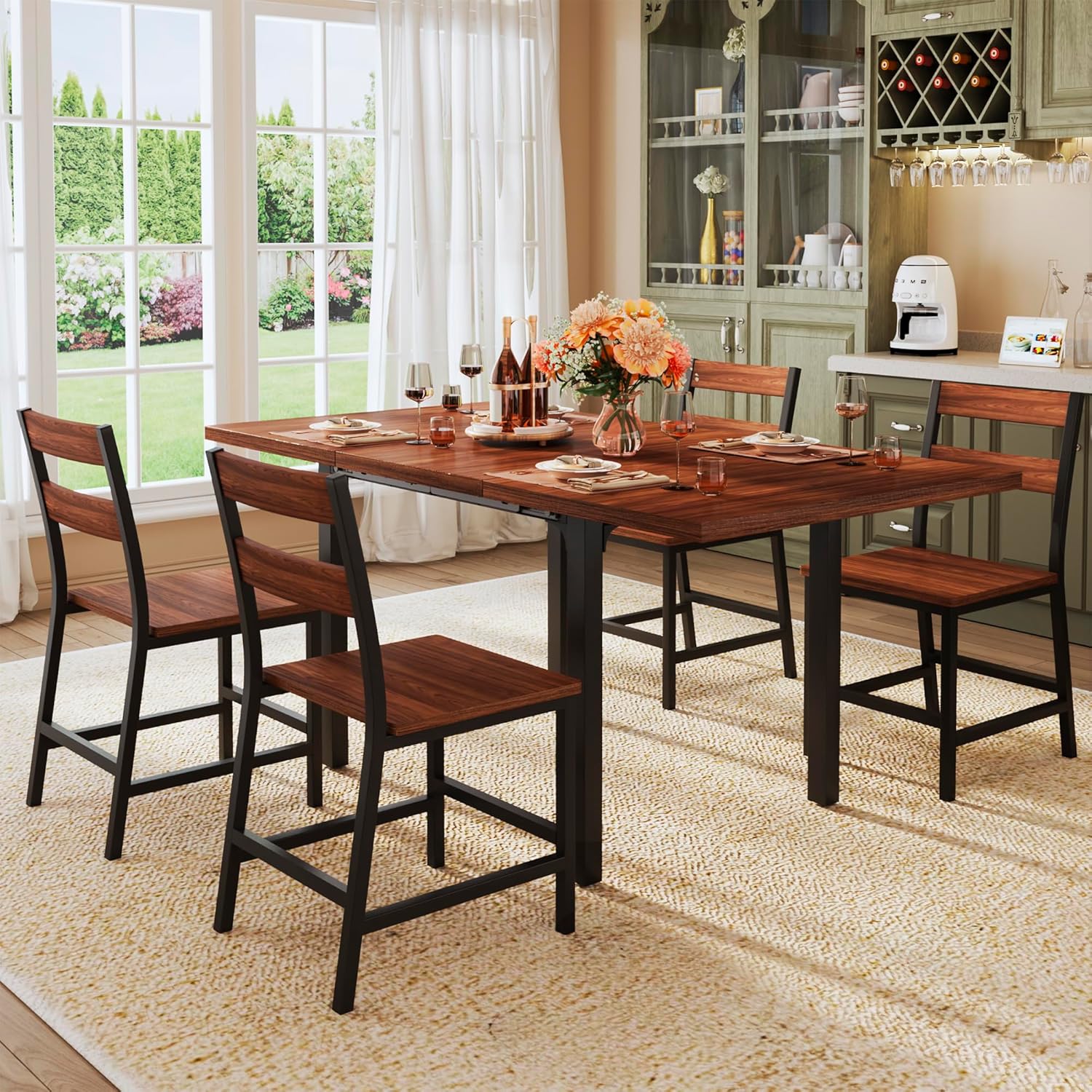 Dining Table Set for 4 Extendable Kitchen Table Set Curved Backrest Dining Room Table wourant