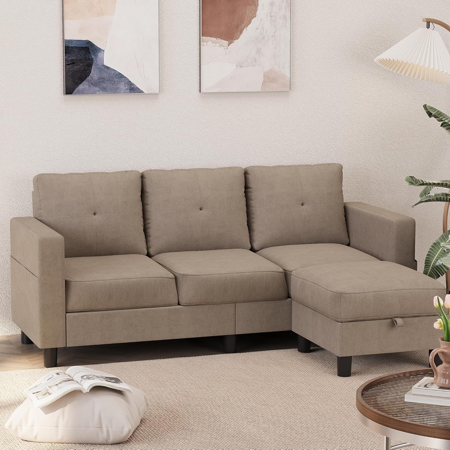 Shintenchi 76 inch Modern Upholstered Sectional Sofa L Shaped Couch with Storage Ottoman wourant