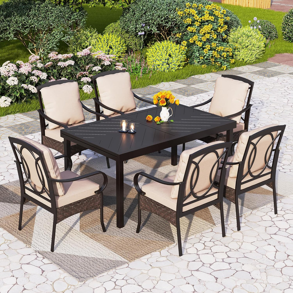 PHI VILLA 6-Piece Outdoor Dining Sets, All-Weather Patio Table and Chairs Set with Umbrella for 4, Heavy Duty Patio Round Table Set for Deck, 4 Extra Large Outdoor Swivel Chairs with Thick Cushions wourant