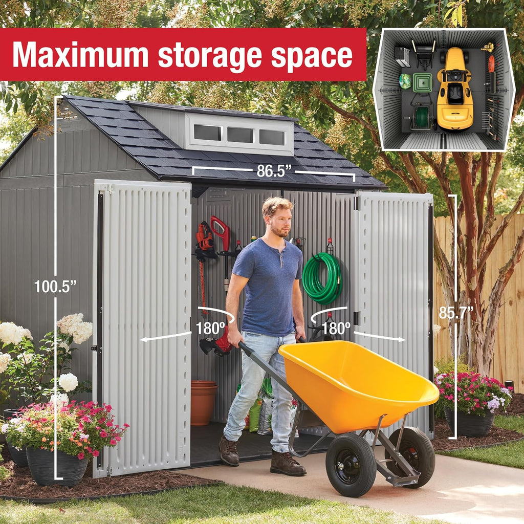 Rubbermaid Resin Outdoor Storage Shed With Floor (7 x 7 Ft) Weather Resistant Gray Organization for Home/Backyard/Garden Tools/Lawn Mower/Bike Storage/Pool Supplies wourant