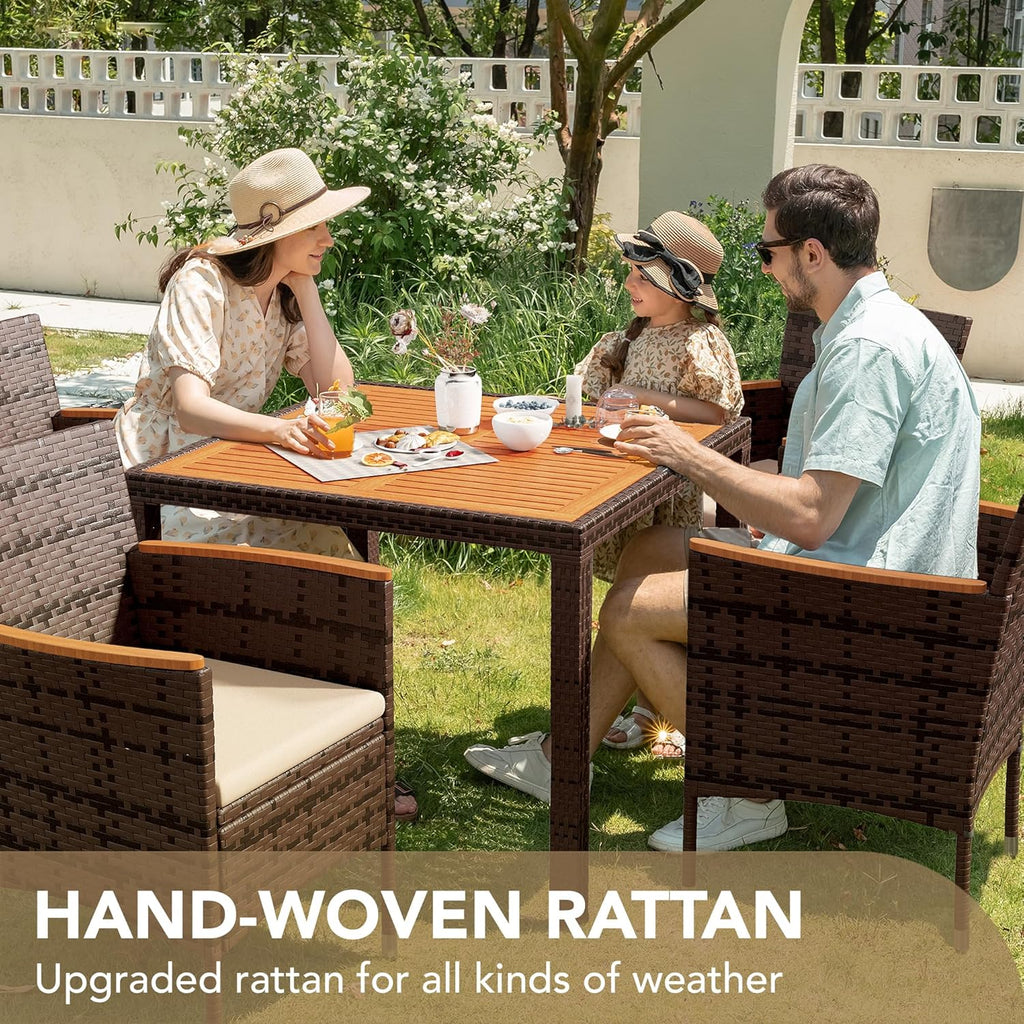 Devoko Dining 7 PCS Furniture, Patio Conversation Set with Acacia Wood Table Top, Rattan Outdoor, Black wourant