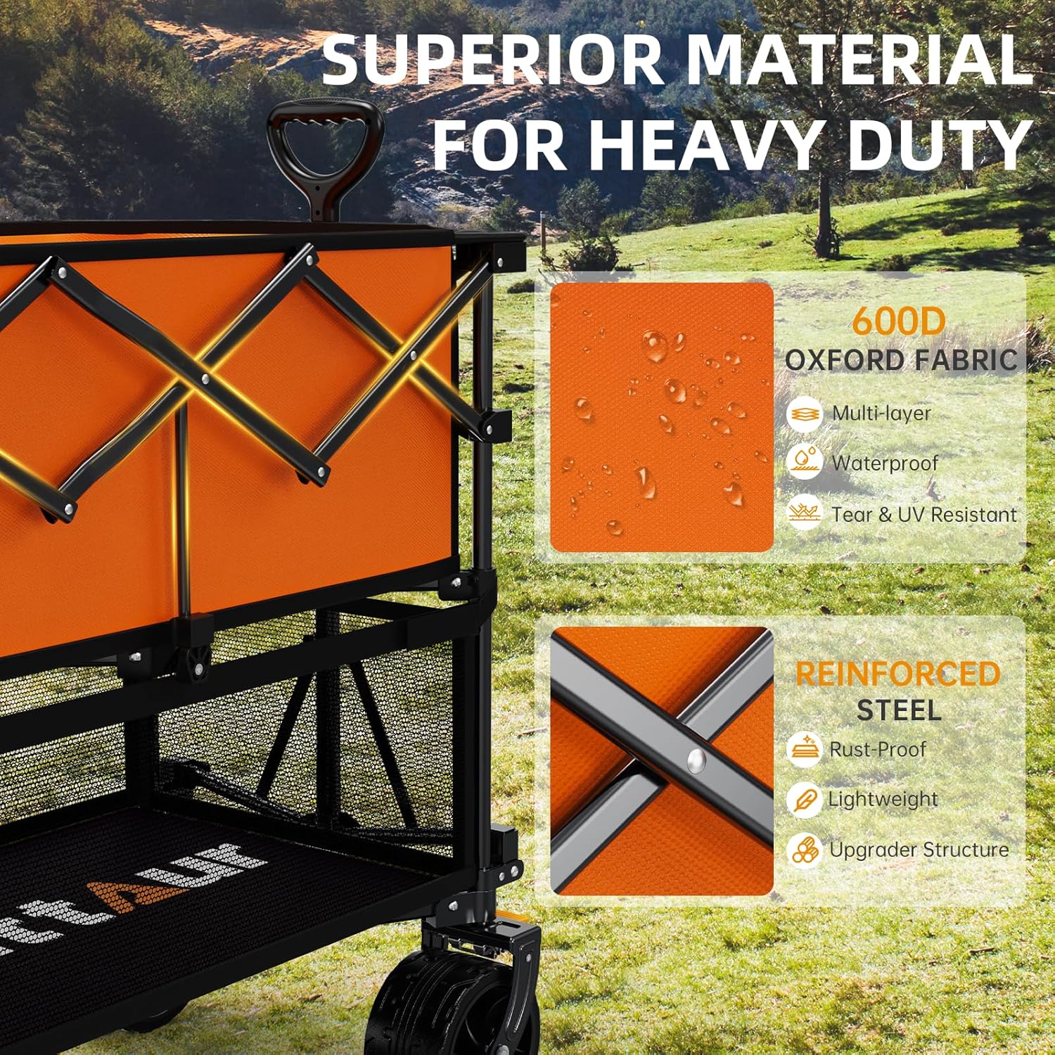 Foldable 50''L Extra Long Double Decker Wagon for Sport, 400L Collapsible Heavy Duty Wagon Cart with Big Wheels, Utility All-Terrain Large Extender Cart for Outdoors wourant