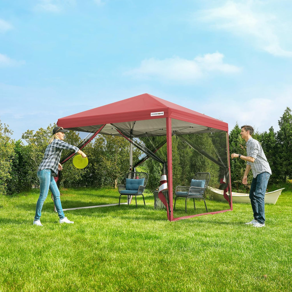 10x10ft Easy Pop-Up Canopy, Outdoor Screen Tent with Mosquito Netting, 2 Zipper Doors, and Roller Bag for Yard Camping Picnic Party Events, Beige wourant