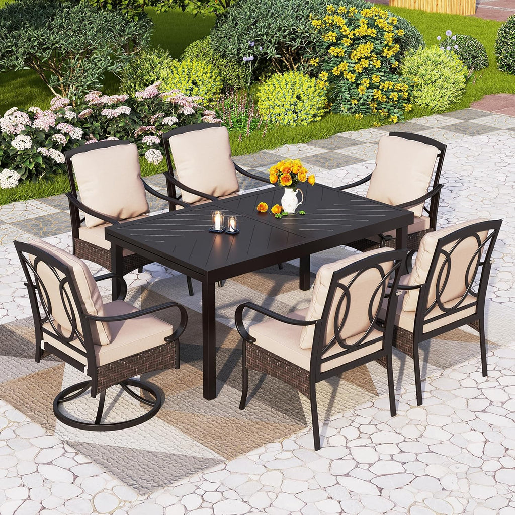 PHI VILLA 6-Piece Outdoor Dining Sets, All-Weather Patio Table and Chairs Set with Umbrella for 4, Heavy Duty Patio Round Table Set for Deck, 4 Extra Large Outdoor Swivel Chairs with Thick Cushions wourant