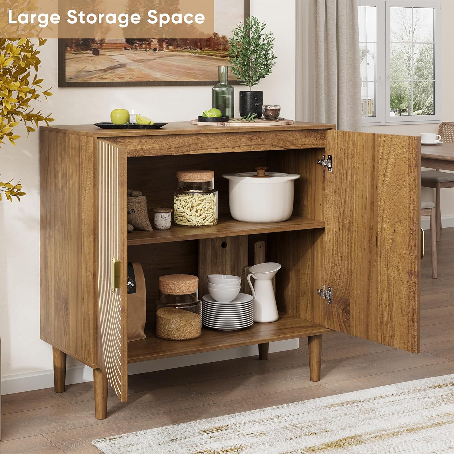 Walnut sideboard, freestanding dining cabinet with cable channel design, wooden storage cabinet with adjustable shelves wourant