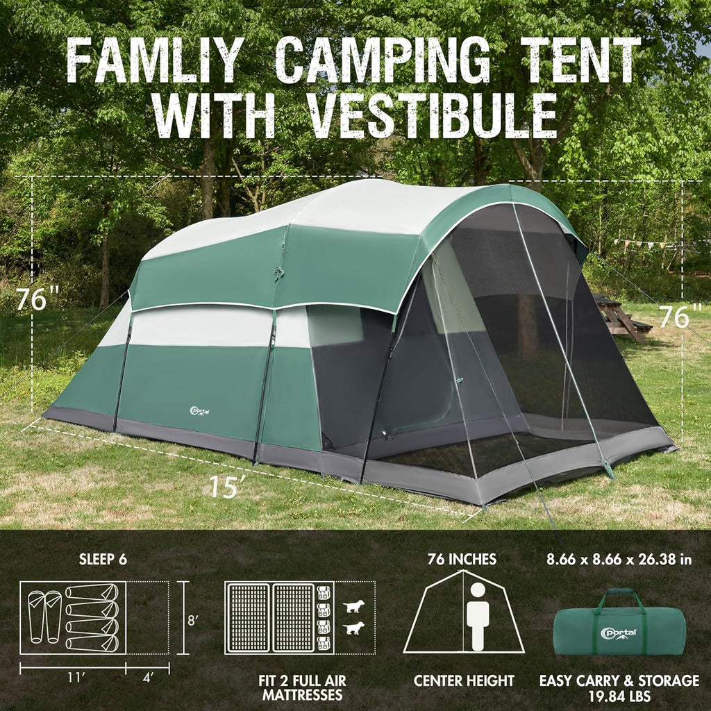 PORTAL 6/8/10 Person Family Camping Tent with Screen Room, Water Resistant Big Tunnel Tent with Rainfly, Large Family Tent for Outdoor Camping, Party wourant