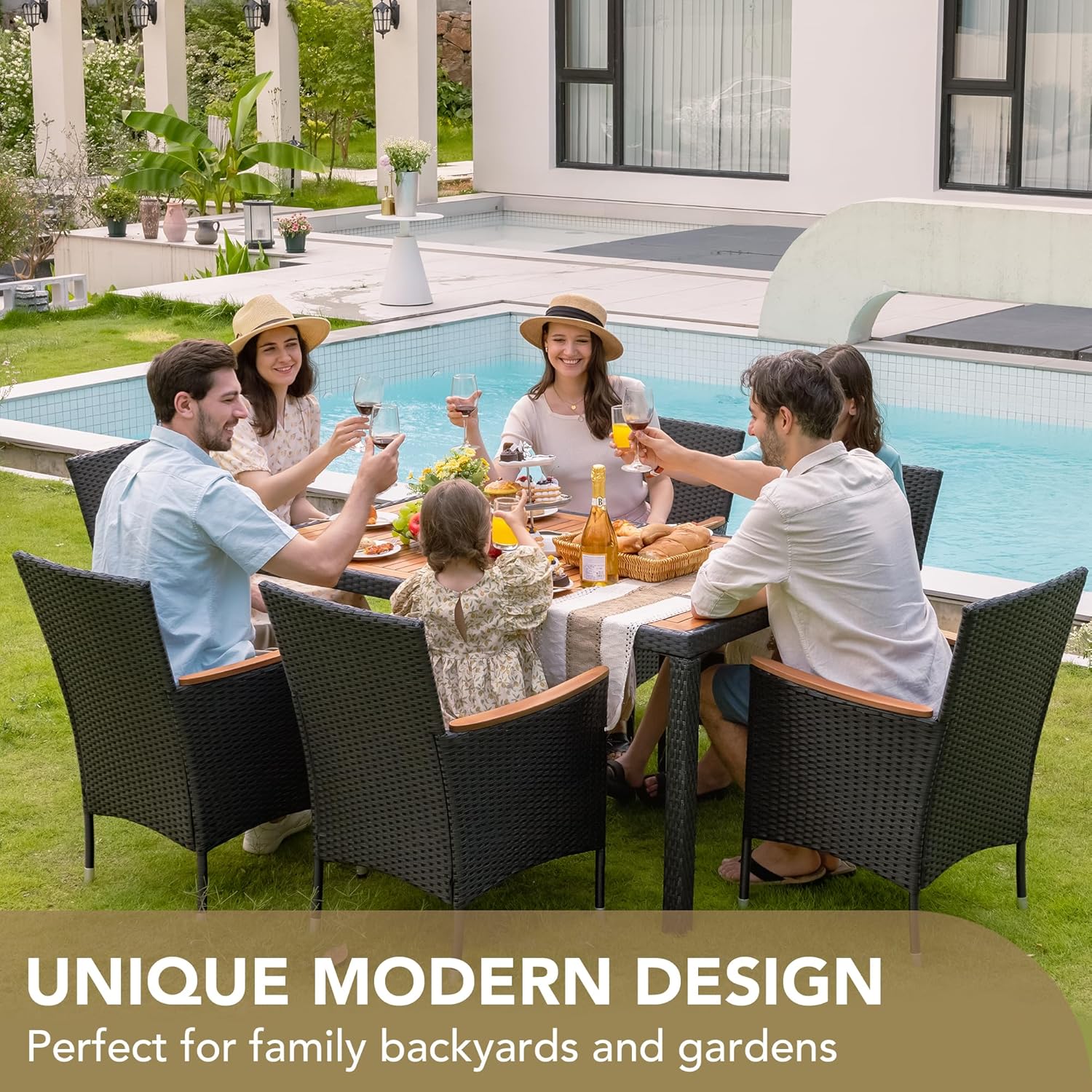 Devoko Dining 7 PCS Furniture, Patio Conversation Set with Acacia Wood Table Top, Rattan Outdoor, Black wourant
