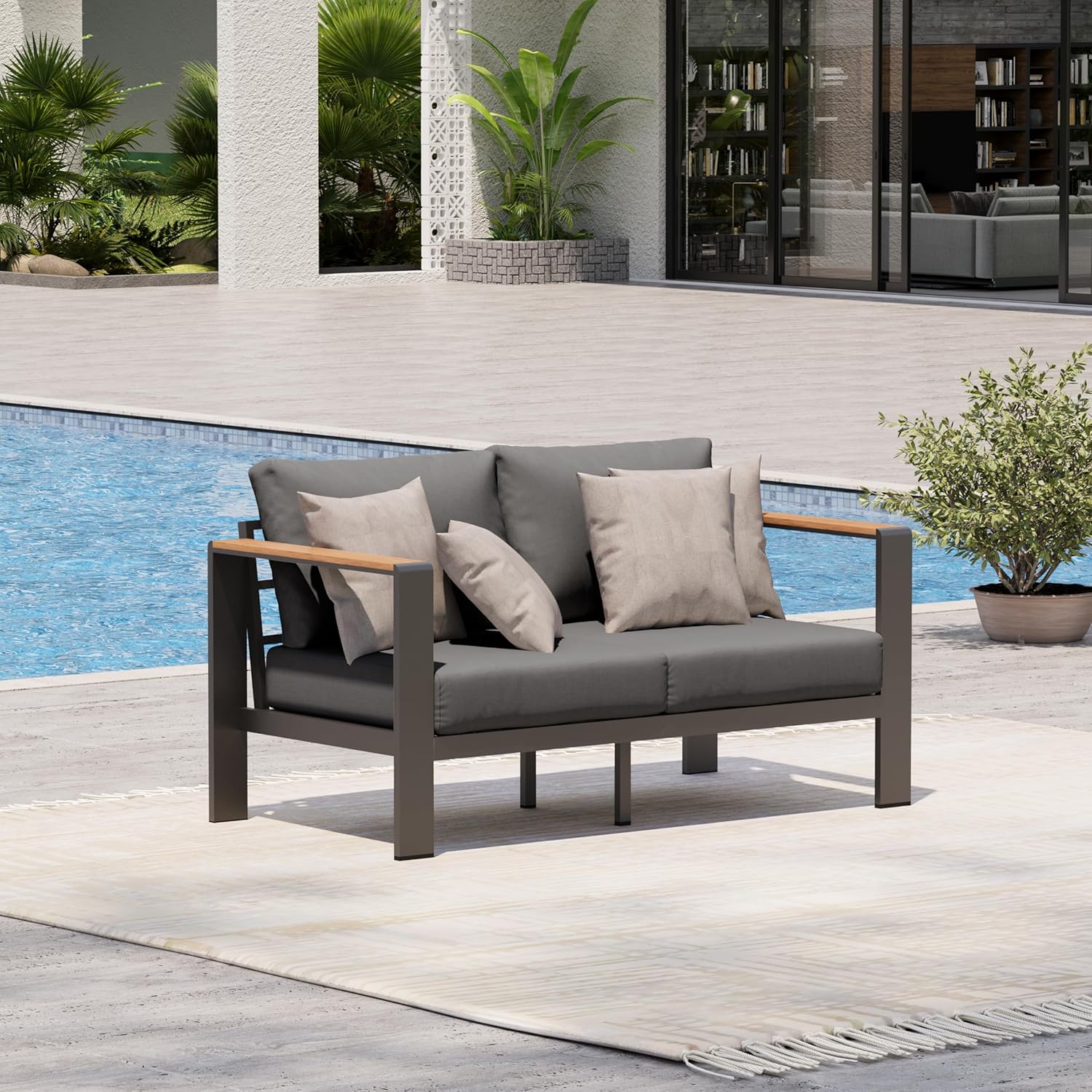Aluminum Outdoor Patio Furniture Set with Coffee Table, 4 Piece Patio Conversation Sets with Washable Thick Cushions, Outdoor Sectional Furniture Set for Poolside, Balcony, Deck, Gray woonhhop